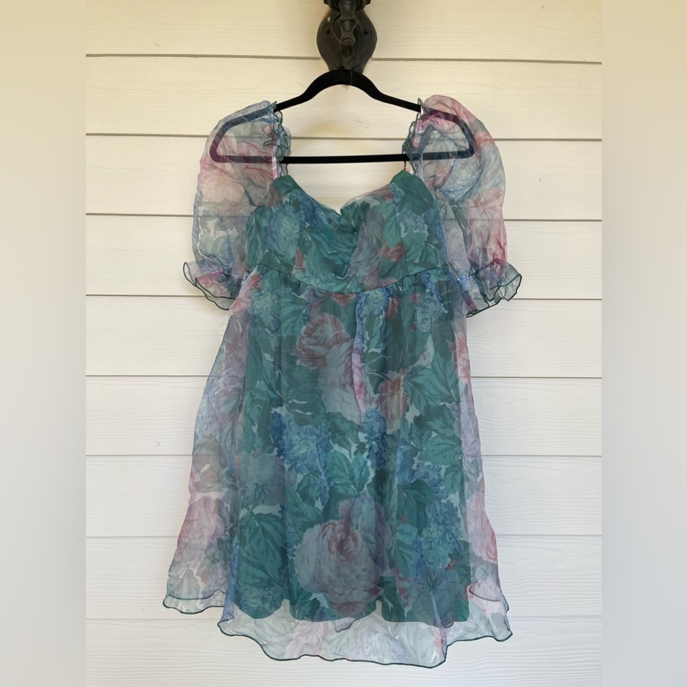 Multi-Colored Floral Blue Puff Sleeve Mini Dress